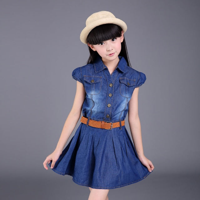Girls Denim Floral Dress Summer Party Dress with Belt Children Flying Short Sleeve Casual Clothing Baby Girl Kids Fashion Outfit