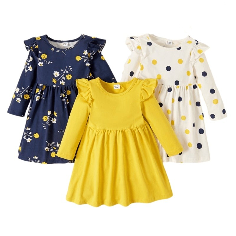 PatPat New Arrival Autumn and Spring 3-pack Toddler Girl Floral and Polka Dots Long-sleeve Dress Set Children&#39;s  Clothing