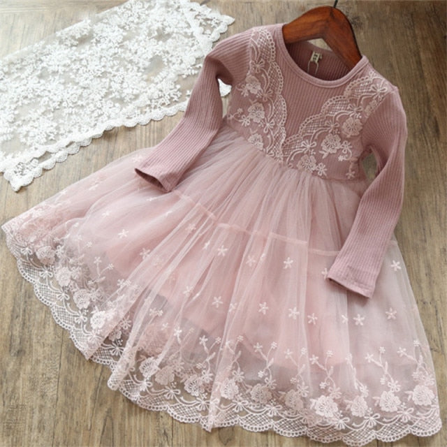 Elegant Flower Girls Dress Wedding Party Princess Dress Casual Kids Clothes Lace Long Sleeves Dress