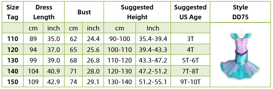 Girls Little Mermaid Dress Up Outfit Kids Halloween Princess Costume Children Ariel Party Clothes for Carnival 3 4 5 6 7 8 9 10T