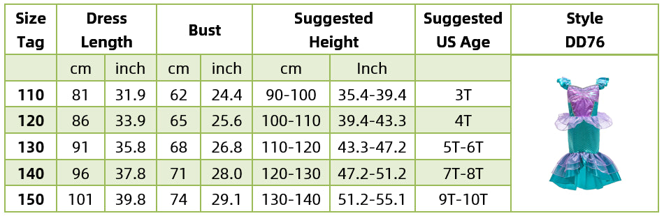 Girls Little Mermaid Dress Up Outfit Kids Halloween Princess Costume Children Ariel Party Clothes for Carnival 3 4 5 6 7 8 9 10T