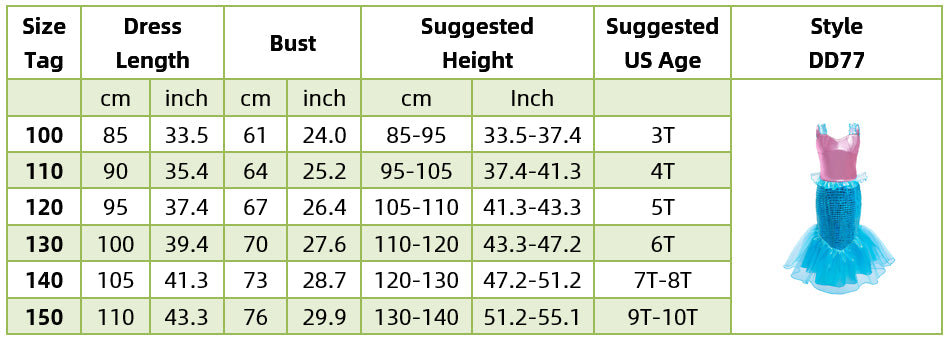 Girls Little Mermaid Dress Up Outfit Kids Halloween Princess Costume Children Ariel Party Clothes for Carnival 3 4 5 6 7 8 9 10T