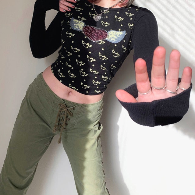 E-girl Graphic Print T-shirt 2000s Retro Y2K Fairy Grunge Autumn Spring Crop Top Women Tee Shirt Female Harajuku Streetwear