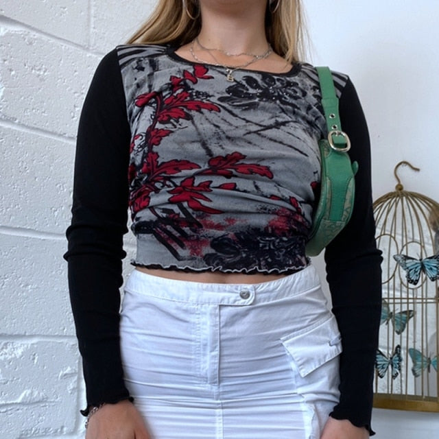 E-girl Graphic Print T-shirt 2000s Retro Y2K Fairy Grunge Autumn Spring Crop Top Women Tee Shirt Female Harajuku Streetwear