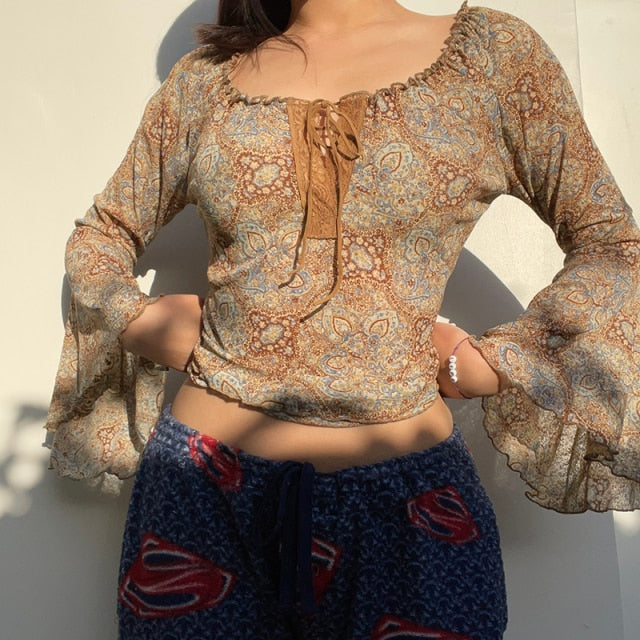 E-girl Graphic Print T-shirt 2000s Retro Y2K Fairy Grunge Autumn Spring Crop Top Women Tee Shirt Female Harajuku Streetwear