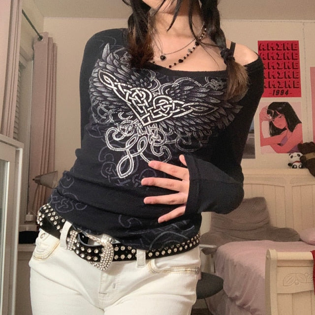 E-girl Graphic Print T-shirt 2000s Retro Y2K Fairy Grunge Autumn Spring Crop Top Women Tee Shirt Female Harajuku Streetwear