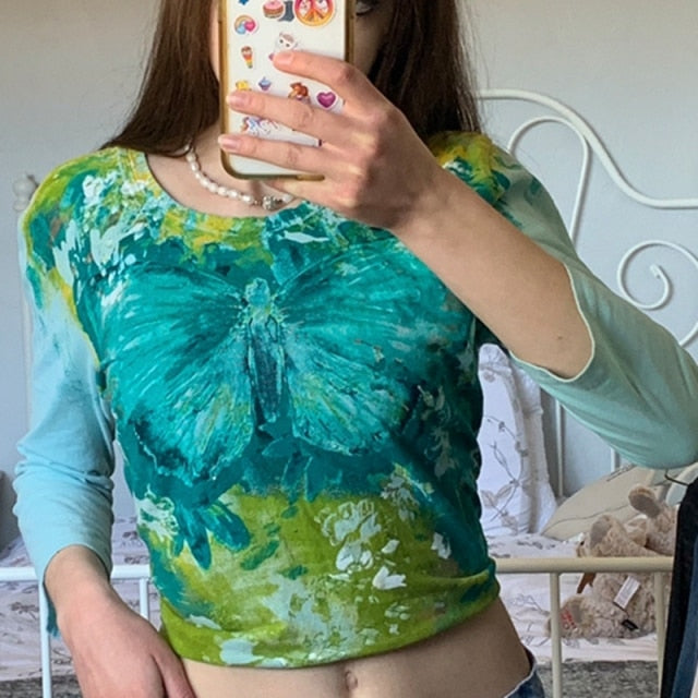 E-girl Graphic Print T-shirt 2000s Retro Y2K Fairy Grunge Autumn Spring Crop Top Women Tee Shirt Female Harajuku Streetwear