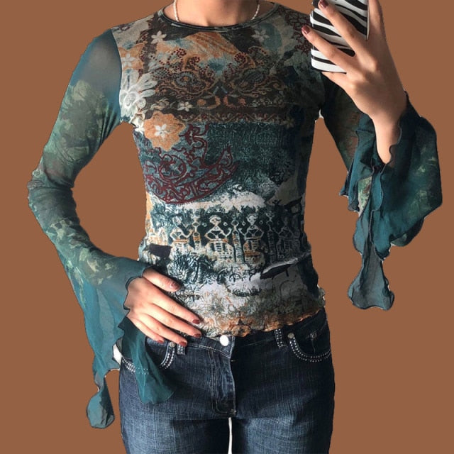 E-girl Graphic Print T-shirt 2000s Retro Y2K Fairy Grunge Autumn Spring Crop Top Women Tee Shirt Female Harajuku Streetwear