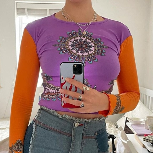 E-girl Graphic Print T-shirt 2000s Retro Y2K Fairy Grunge Autumn Spring Crop Top Women Tee Shirt Female Harajuku Streetwear