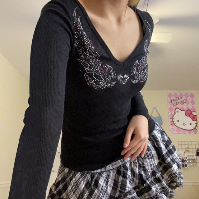 E-girl Graphic Print T-shirt 2000s Retro Y2K Fairy Grunge Autumn Spring Crop Top Women Tee Shirt Female Harajuku Streetwear