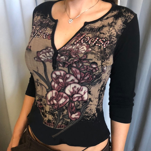 E-girl Graphic Print T-shirt 2000s Retro Y2K Fairy Grunge Autumn Spring Crop Top Women Tee Shirt Female Harajuku Streetwear