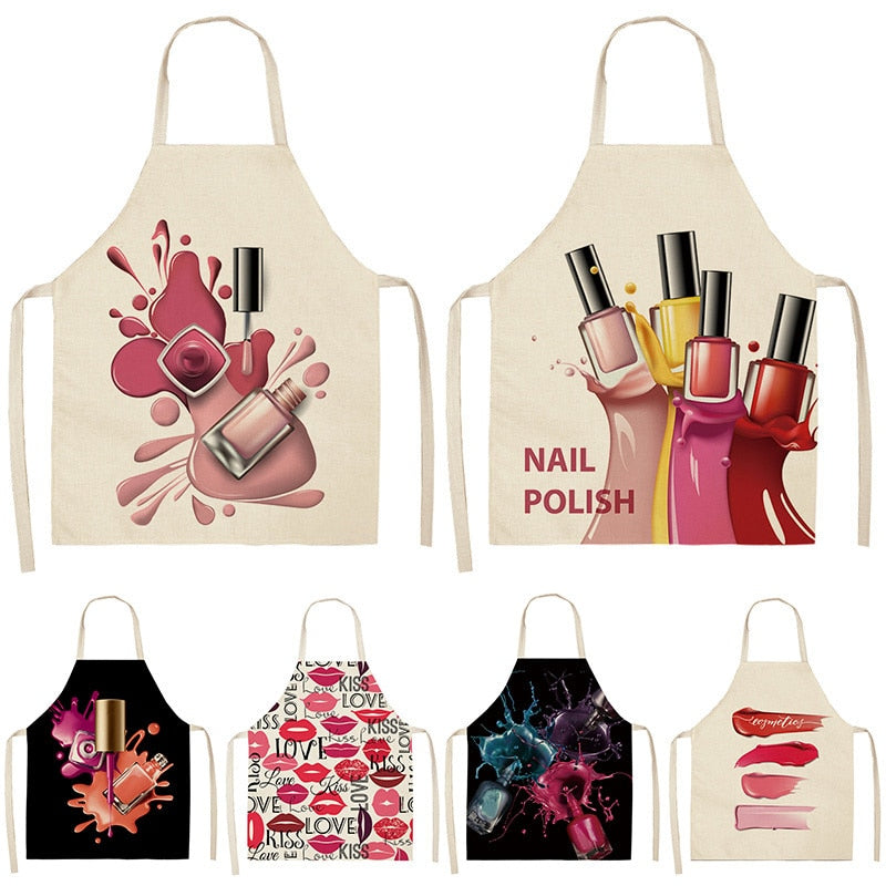 Nail Polish Lipstick Beauty Kitchen Women Apron Household Cleaning Cotton Linen Pinafore Salon Home Cooking Baking Adult BIb