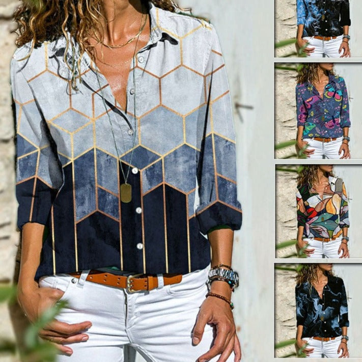 Female V-neck Cardigan Single-breasted Plus Size Shirt Harajuku Print Turn-down Collar Long Sleeve Top Popularity Slim Clothing