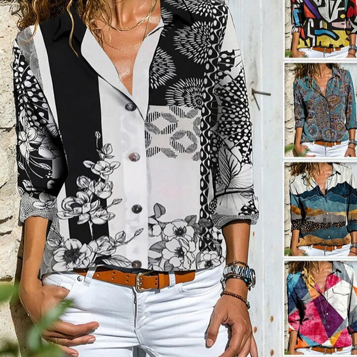 Casual Tops Plus Size Loose Harajuku Shirts Printed Pocket Long-sleeved Blouses Shirt