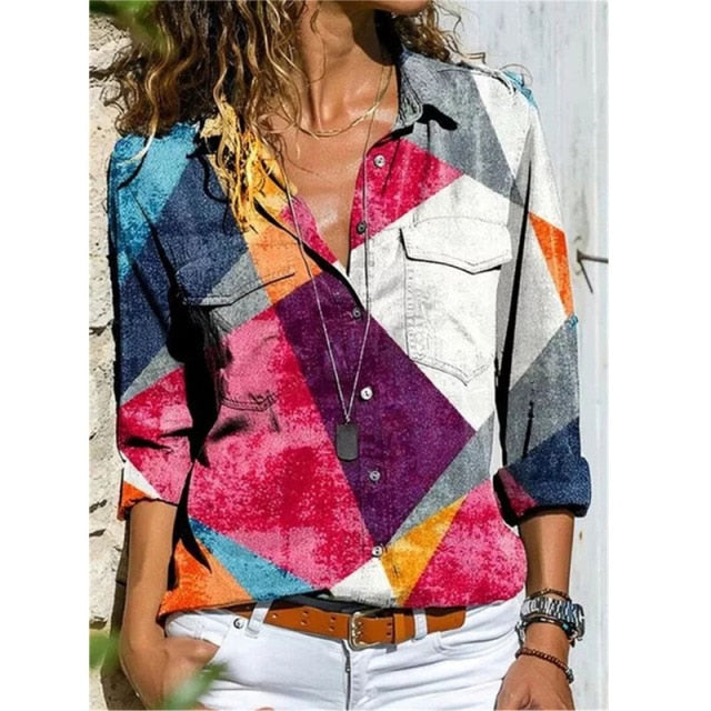 Casual Tops Plus Size Loose Harajuku Shirts Printed Pocket Long-sleeved Blouses Shirt