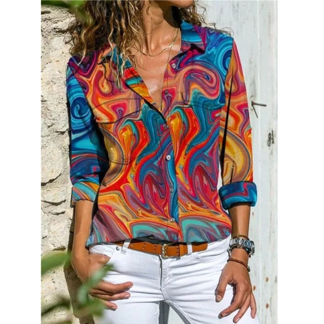 Casual Tops Plus Size Loose Harajuku Shirts Printed Pocket Long-sleeved Blouses Shirt