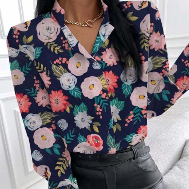 Button Flower Long Sleeve Shirt Top Fashion Personality Slim Slimming Digital Printing Stand-up Collar Clothes
