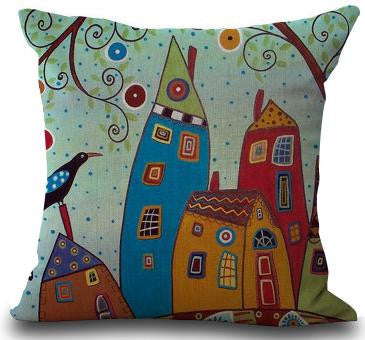 Hand Painted Abstract House Trees Linen Cotton Decorative Pillow Cushion For Home Gifts