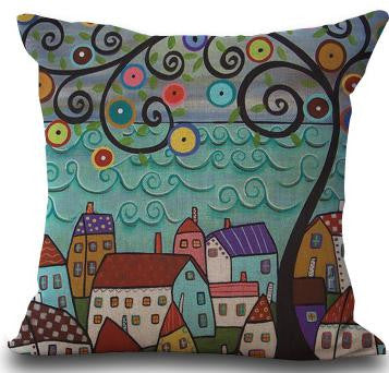 Hand Painted Abstract House Trees Linen Cotton Decorative Pillow Cushion For Home Gifts