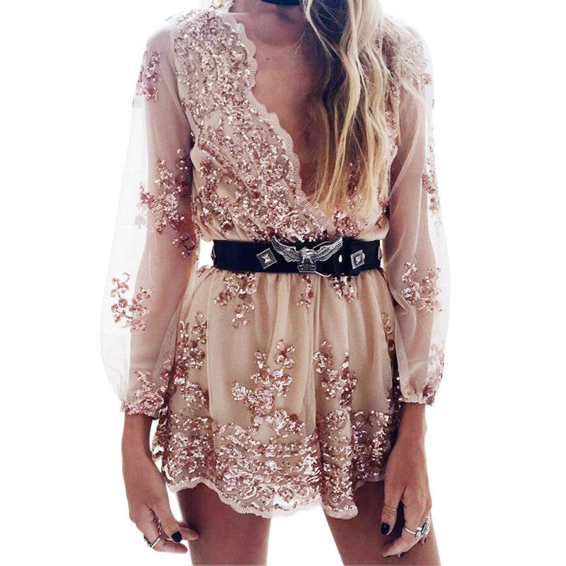 Sequin Embroidery Elegant Transparent Mesh Sleeve Dress - CelebritystyleFashion.com.au online clothing shop australia