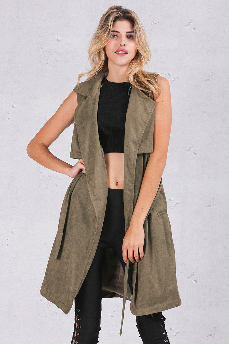 Army Green Suede Trench Coat Vest Waistcoat Jacket - CELEBRITYSTYLEFASHION.COM.AU - 6