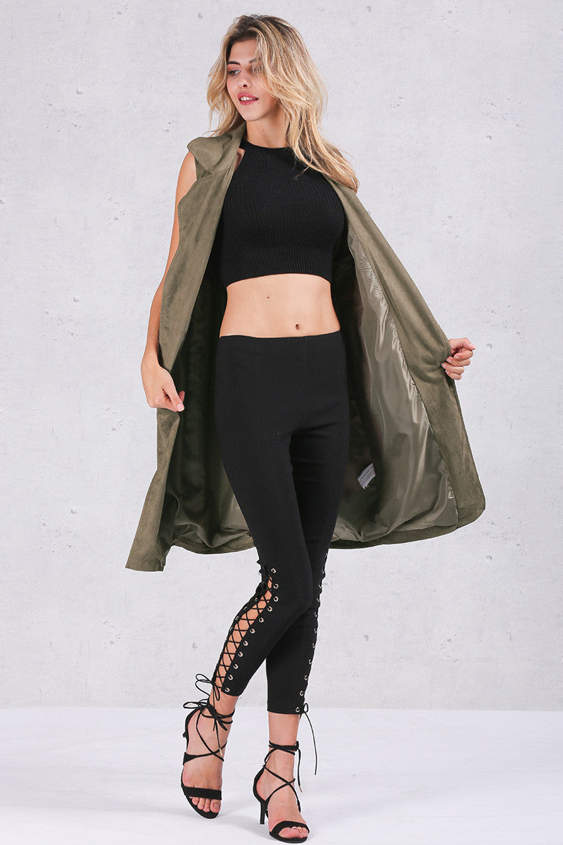 Army Green Suede Trench Coat Vest Waistcoat Jacket - CELEBRITYSTYLEFASHION.COM.AU - 2