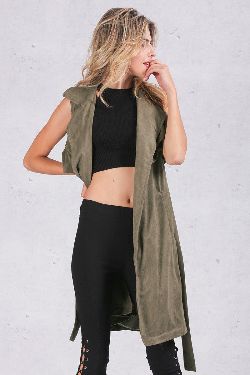 Army Green Suede Trench Coat Vest Waistcoat Jacket - CELEBRITYSTYLEFASHION.COM.AU - 9