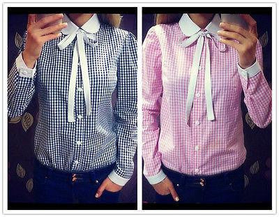 Women Fashion OL Bow Style Shirt Long Sleeve Turn-down Collar Button Blouse Tops