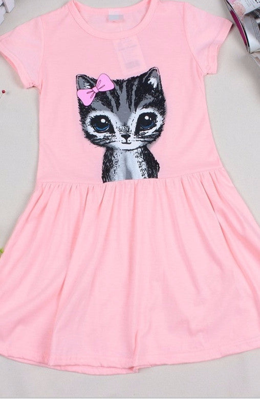 Online discount shop Australia - Girl Dress Cat Print Grey Baby Girl Dress Children Clothing Children Dress 2-7years