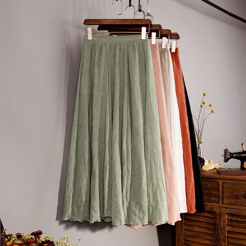 Online discount shop Australia - Fashion Brand Women Top quality Cotton and Linen Long Skirt Elastic Waist A-line Pleated Maxi Beach Vintage Summer Skirts