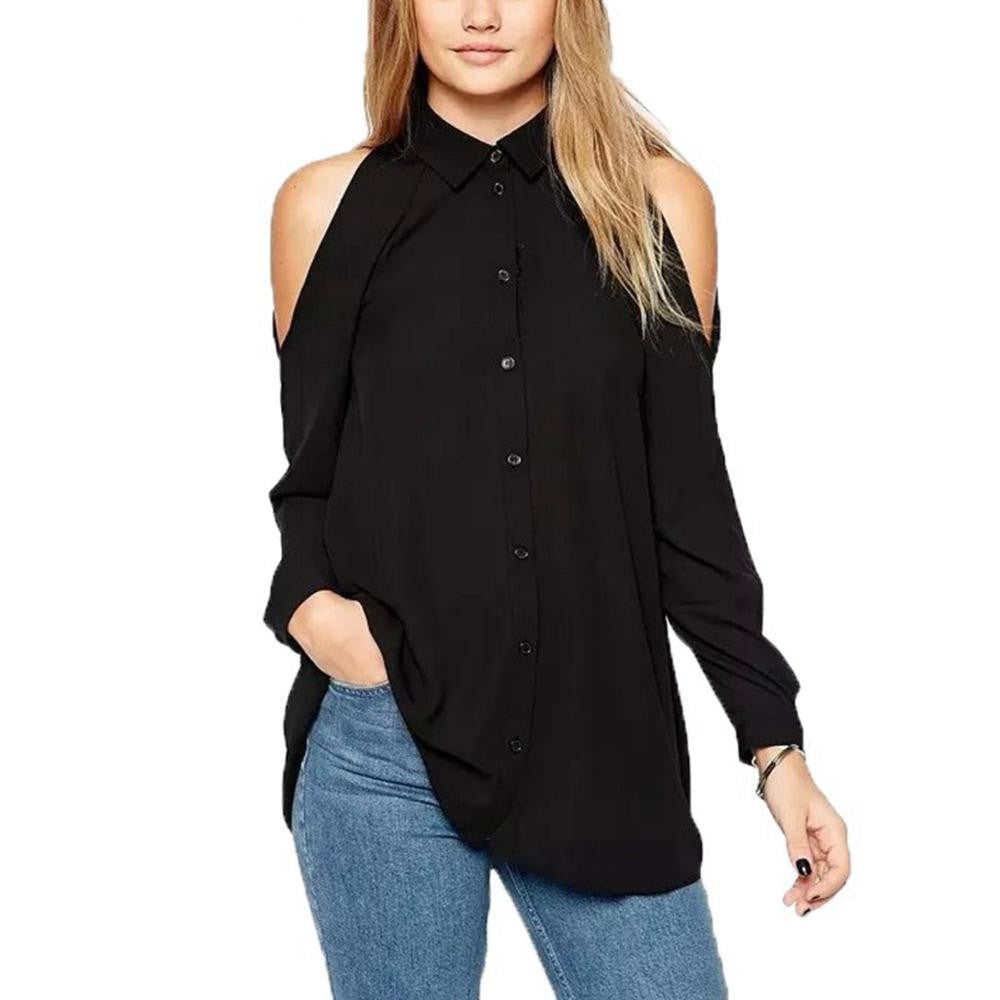Plus Size Women Turn Down Collar Long Sleeve Tops Shirt Off Shoulder Long Chiffon Blouse