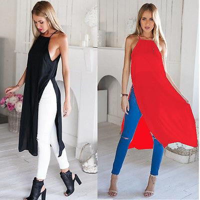 Women's Two Side High Split Chiffon Blouse shirt Semi Sheer Tops