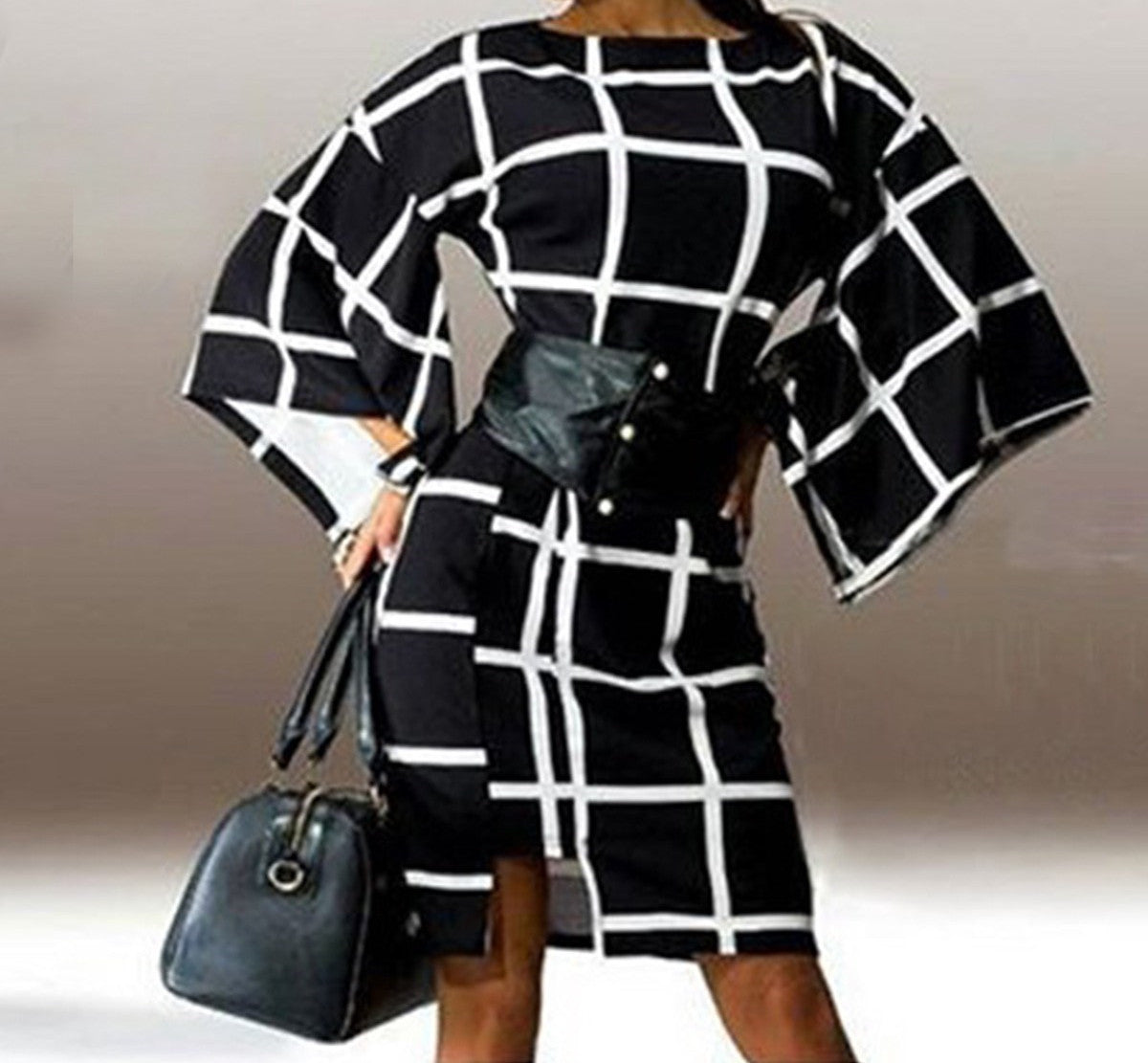 Online discount shop Australia - New Arrival Fashion Flare Sleeve Plaid Print Loose Dress Sexy Women Elegant O Neck Knee Length Autumn Vestidos Dresses