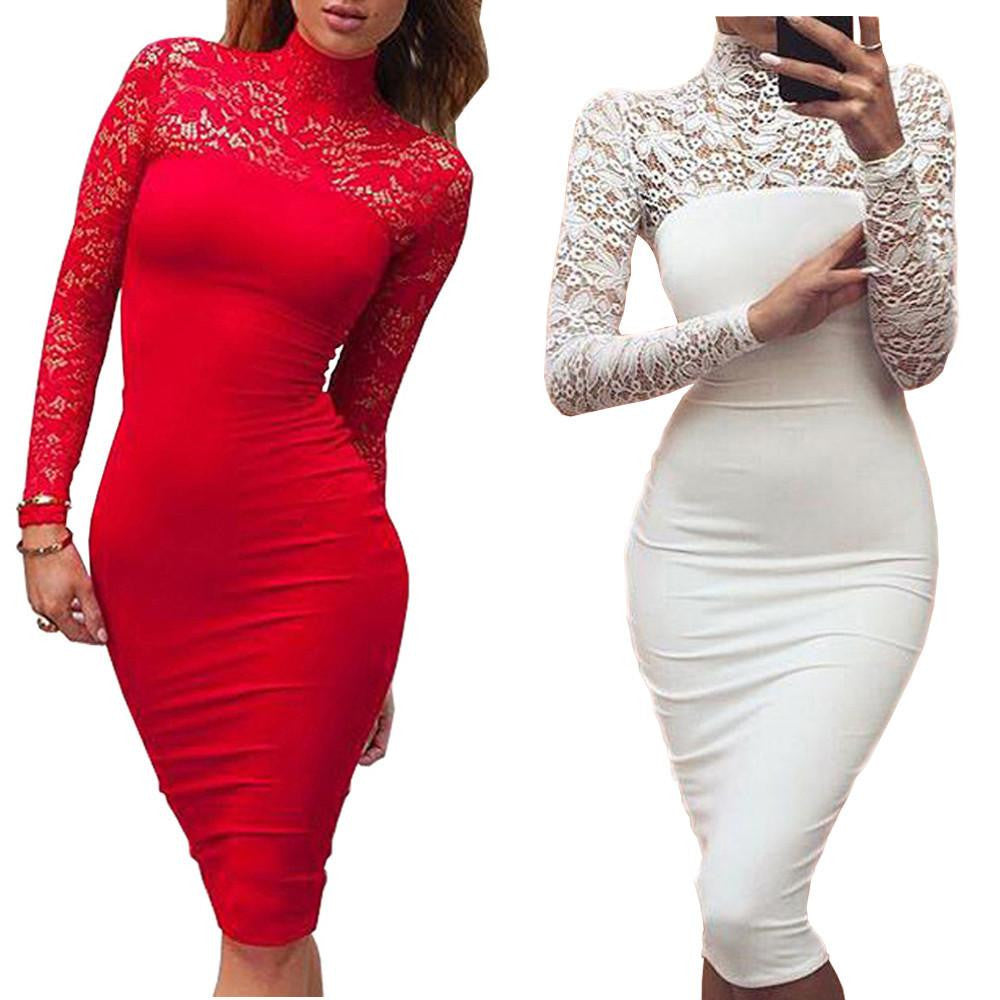 Turtleneck Long Sleeve Lace Midi Club Bandage Bodycon Dress Autumn White Red Black Women Elastic Elegant Party Dresses