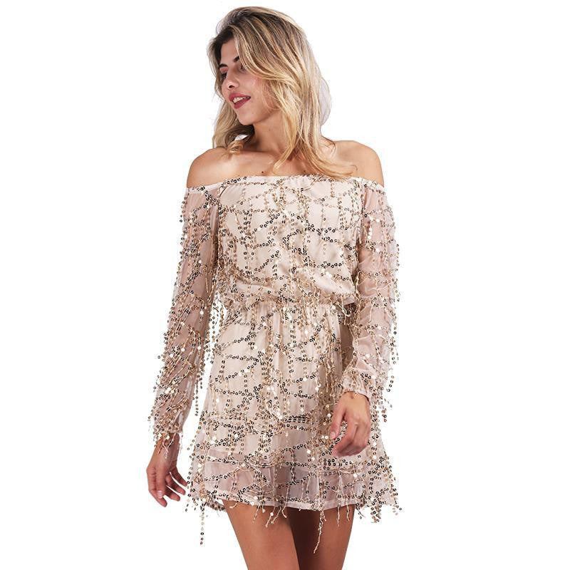 Simplee Apparel off shoulder sequin tassel summer dress beach party short dress Women backless vintage dress vestidos