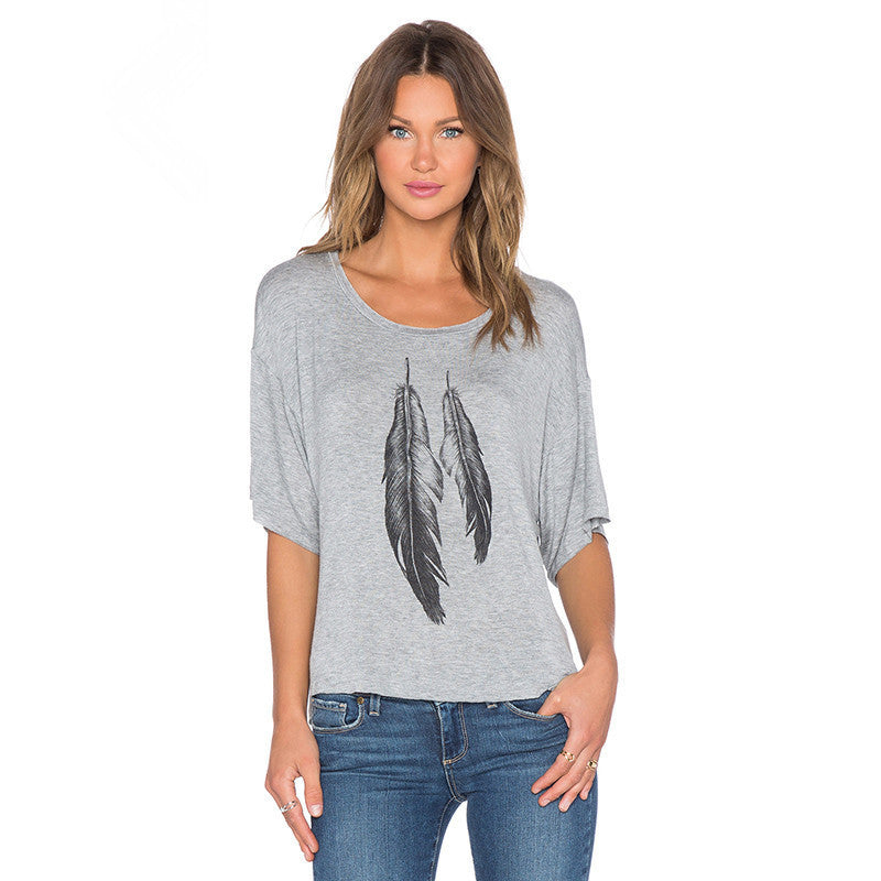 Online discount shop Australia - European street Style gray plumage print Lady Tops off shoulder loose Fashion wild female short-sleeved Women S2079