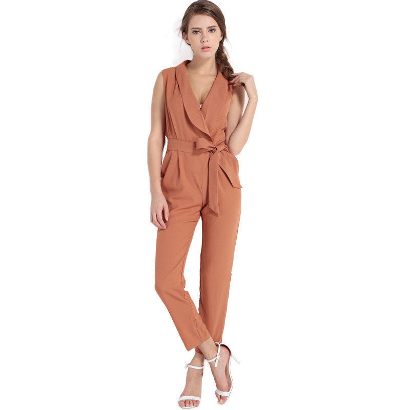 Sexy v-neck tie sleeveless office lady rompers spring fashion long jumpsuits - CelebritystyleFashion.com.au online clothing shop australia