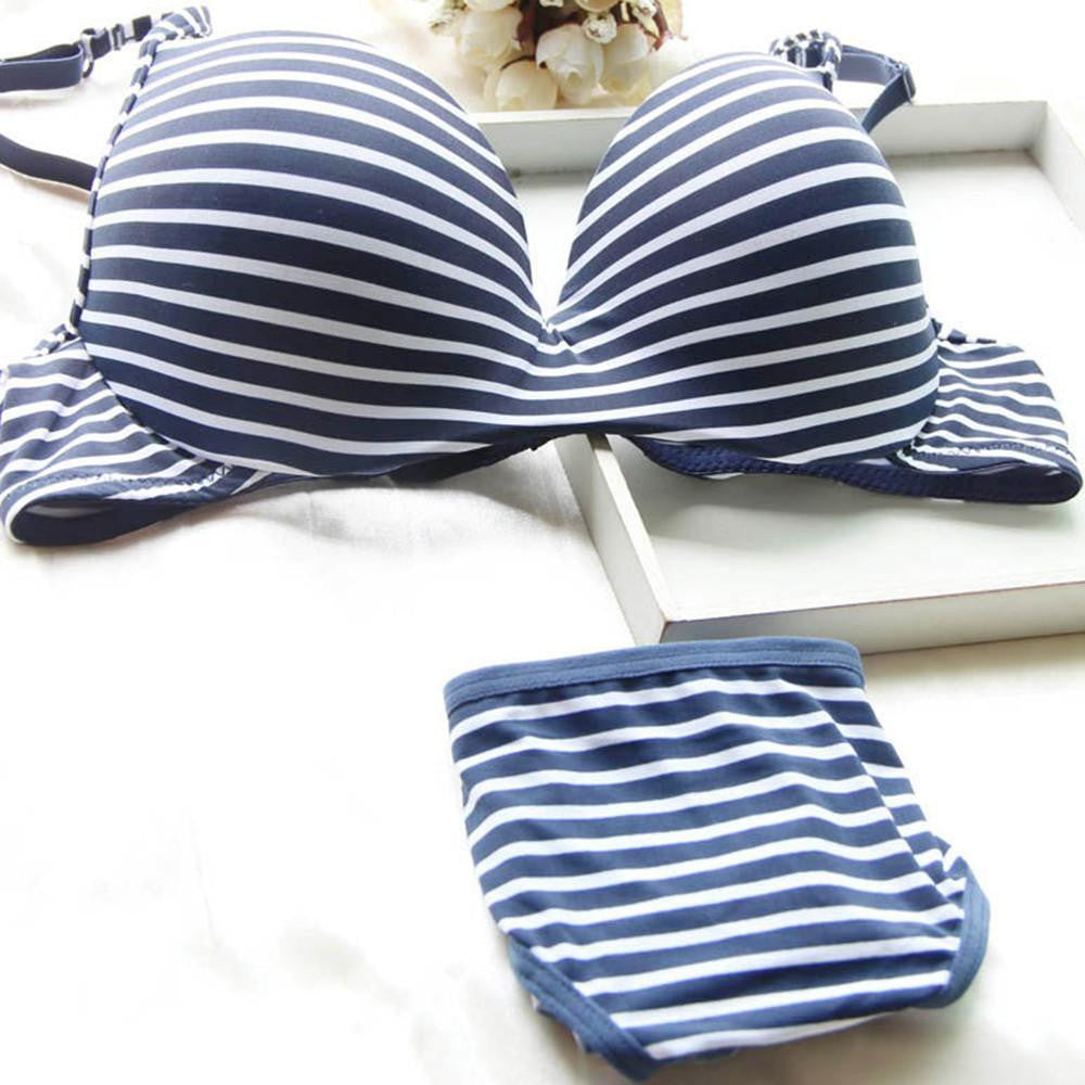 Women Girl Striped Push Up Underwear 2 pcs Set Underwire Bra lingerie 32-36B