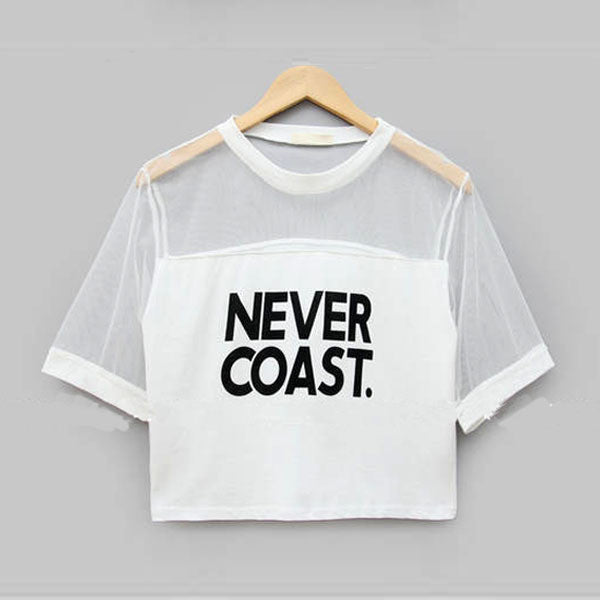Women Girls Loose Crop Top T-Shirt Crew Neck See-through Gauze Tops