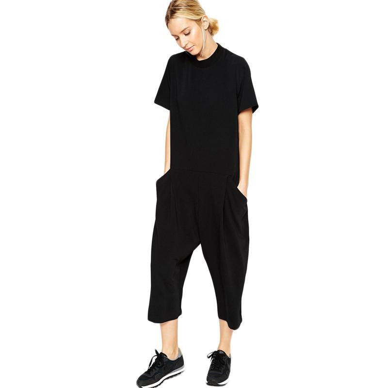 Women Jumpsuit Side Pocket Loose Fitting Short Sleeve Calf Length Black Jumpsuits