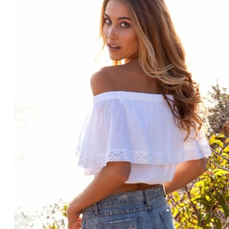 white crop top for women off shoulder lace splice t shirt tops slash women