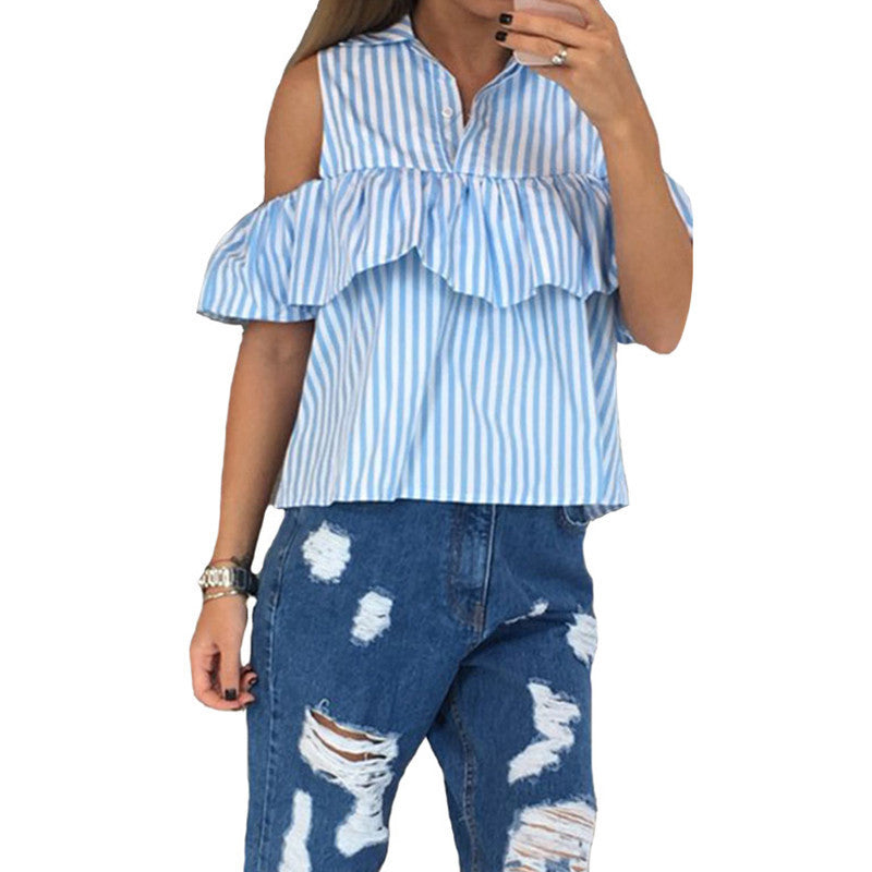 Online discount shop Australia - Elegant Sexy Ruffles Off Shoulder Top Women Blouse Shirts Blue White Stripe Female Cool Blouses Casual
