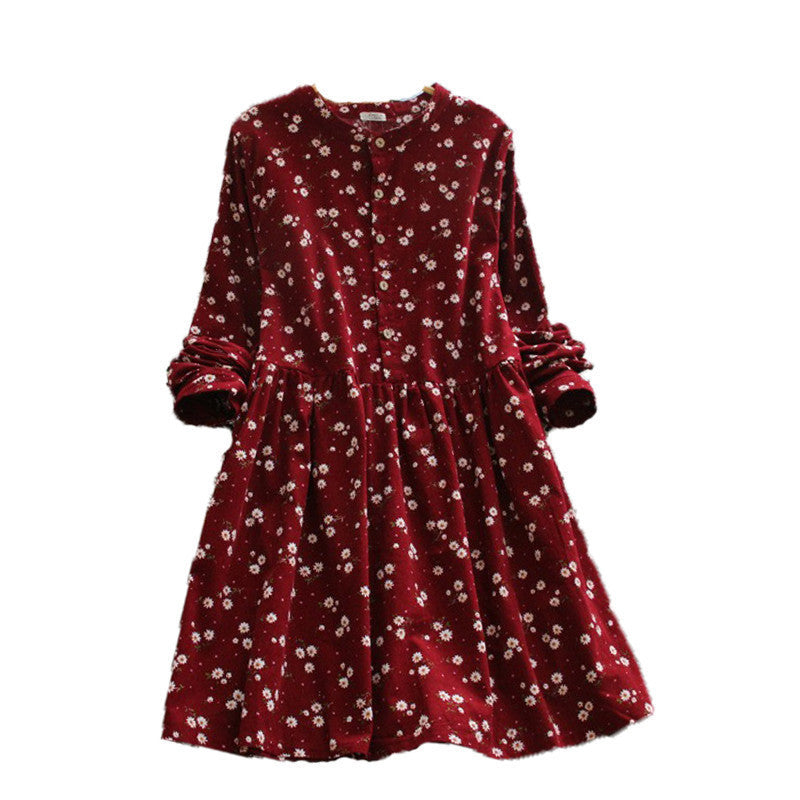Online discount shop Australia - Japanese korean style long sleeved autumn fall all match fashion small flowers print floral fashion corduroy woman dress