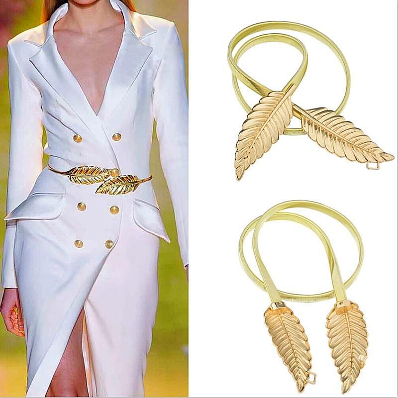 Women Metal Leaves Elastic Waist Dress Belt Strap Waistband