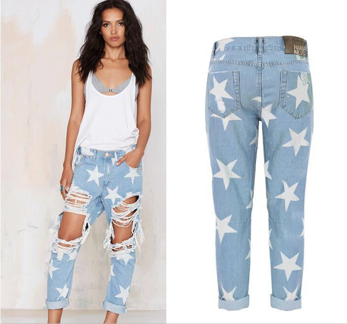 Women's Vintage Jeans Big Holes Ripped Denim Stars Printed Skinny Jeans 8039