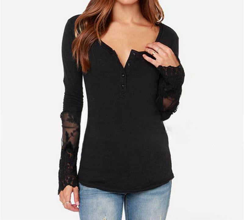 Online discount shop Australia - Women New Long Sleeve O-Neck Lace Patchwork Tops Ladies Sexy Casual Blouses Shirts Plus Size