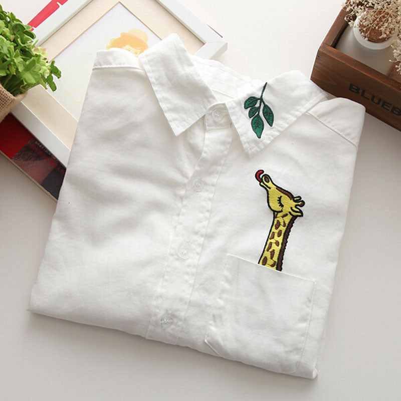 Online discount shop Australia - Cotton Casual Blouse Female Turn-down Collar Long-sleeve White Tops Women Embroidery Giraffe Leaves Shirt female tops