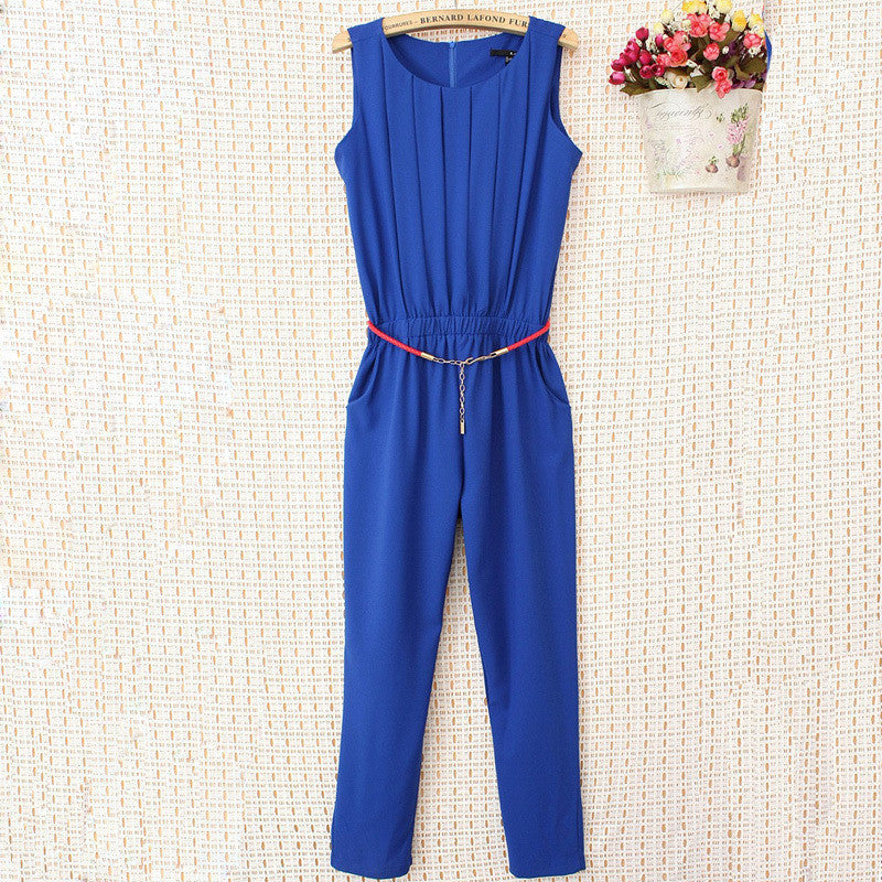 OL Plus Size Women Clothing Slim Pleated Sleeveless Chiffon Fashion Casual Jumpsuit