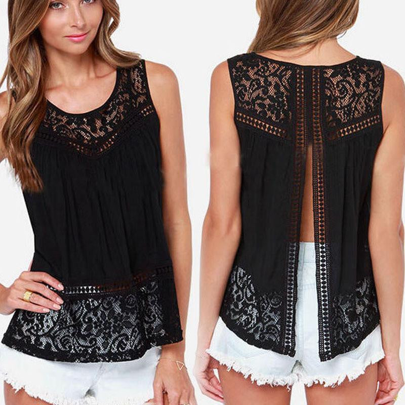 Open Back Sleeveless Blouses Shirts Women See Through Lace Chiffon Tops