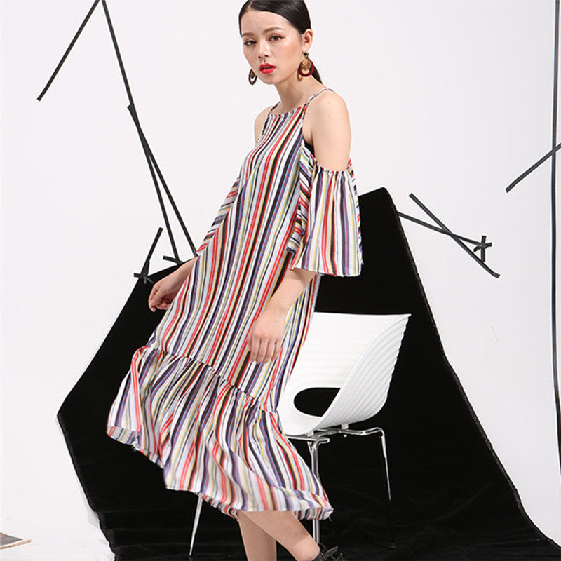 Online discount shop Australia - Korean temperament loose short-sleeved striped strapless flounced harness dress AS11699